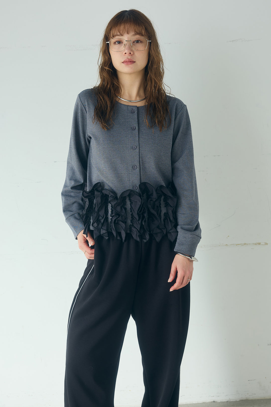 異素材フリル＆ポンチ前後2wayカーディガン