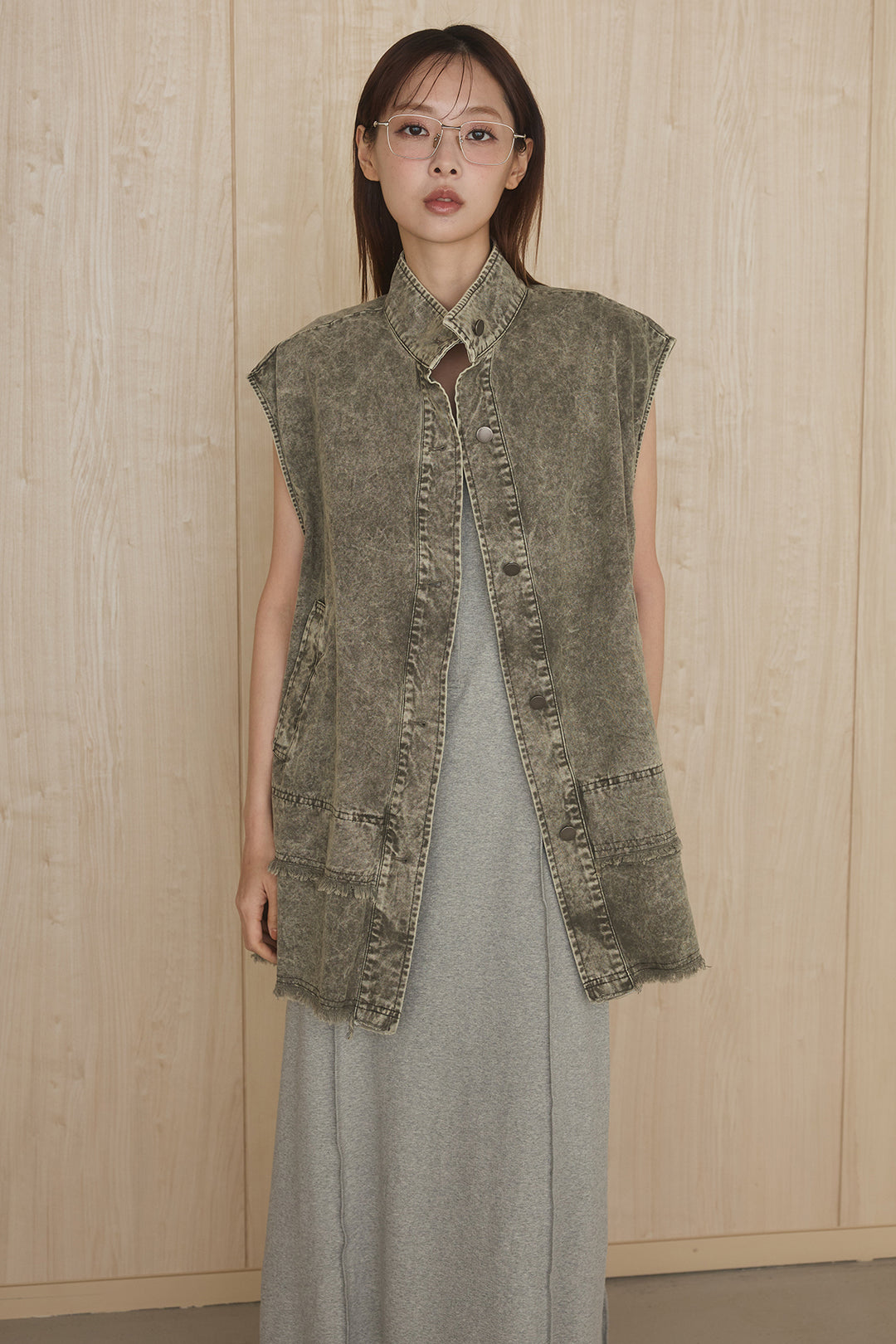 [SET]ケミカルデニムヘムカットオフジレ+レースサロペット(2set)