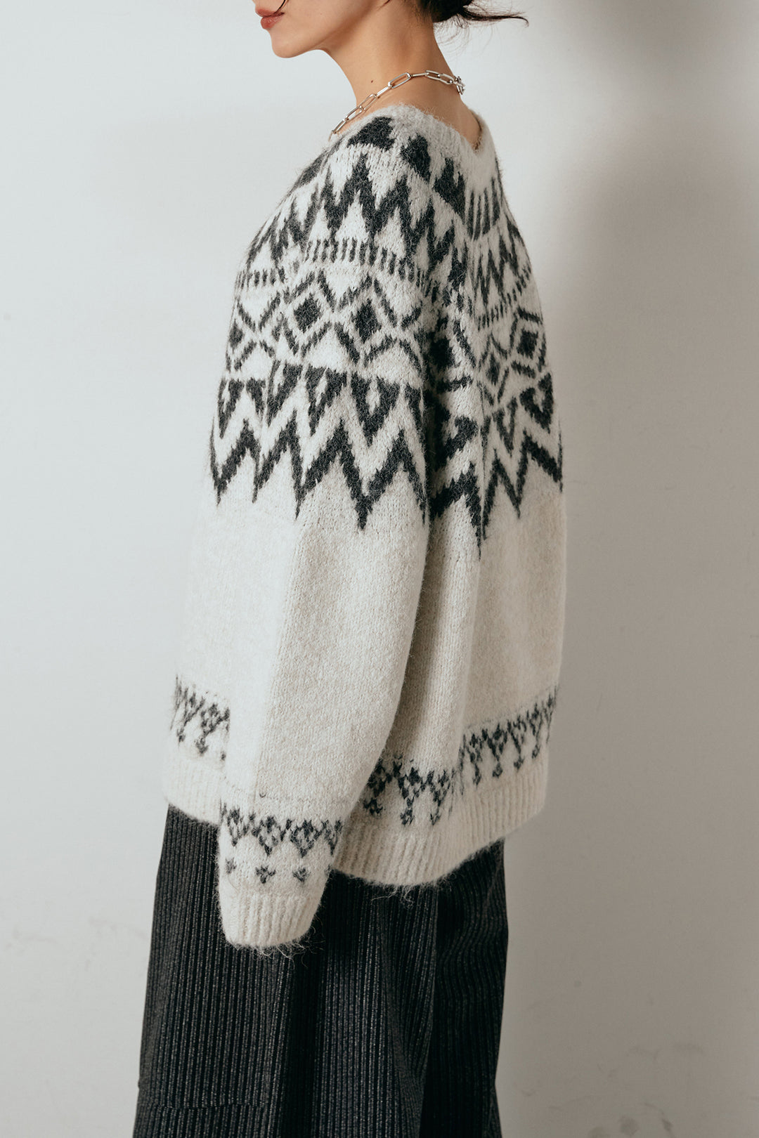 [SET]ノルディック柄Uネックプルオーバー+スエード調ベルト付きチェックナロースカート(2set)