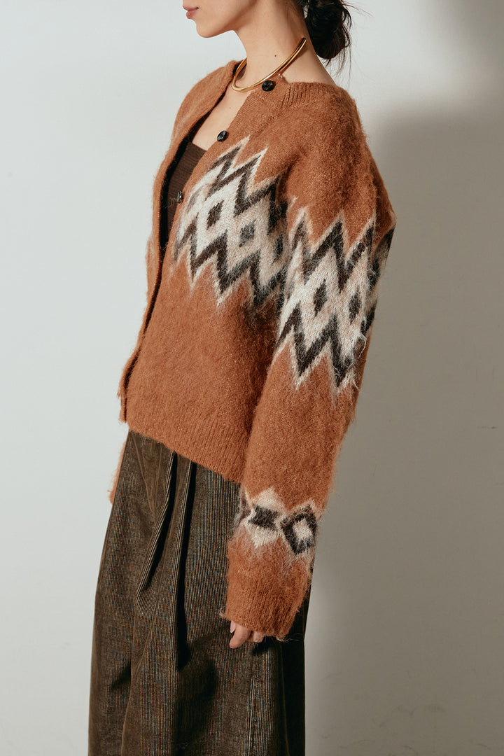 [SET]起毛ノルディック柄ニットカーディガン+ウエストステッチデザインワイドスラックス(2set)