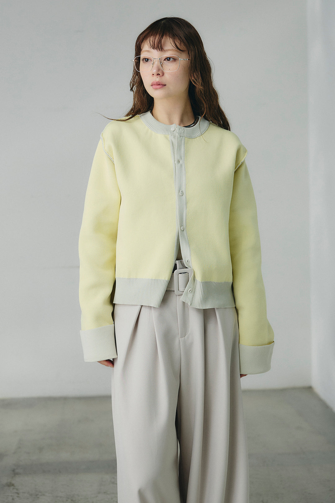 [SET]リバーシブル配色ニットカーディガン+ベルト付きツータックワイドパンツ(2set)