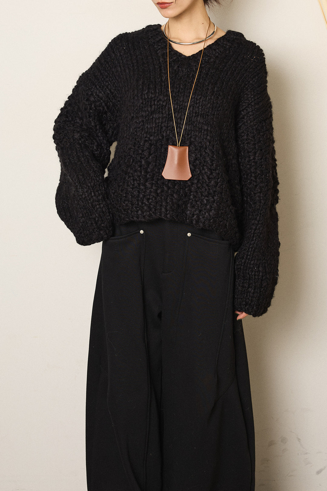 [SET]Vネックハンド編みニットトップス+ベルト付きカジュアルカーブワイドパンツ+レース切り替えキャミソール(3set)