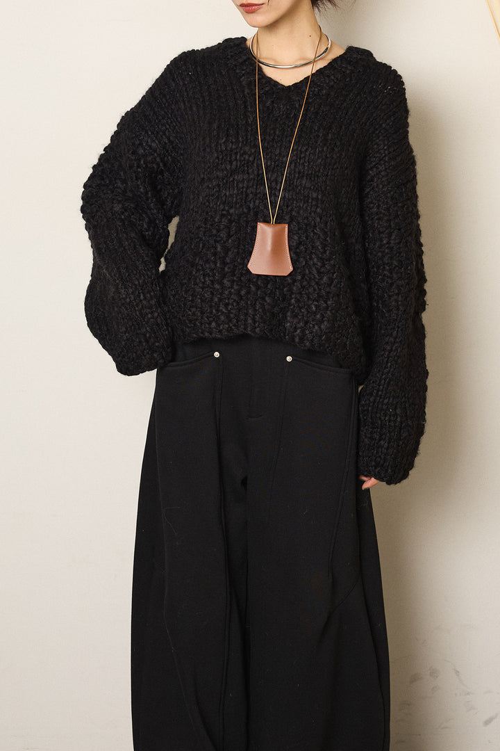 [SET]Vネックハンド編みニットトップス+ベルト付きカジュアルカーブワイドパンツ+レース切り替えキャミソール(3set)