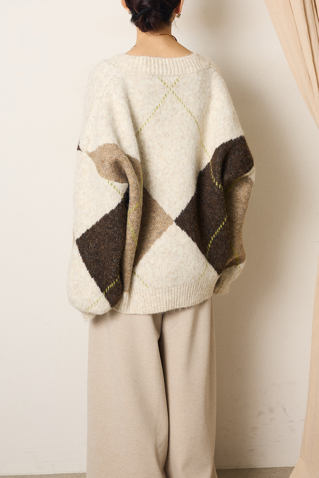 [SET]ルーズアーガイルVネックニット+サイドベルトパンツ(2set)