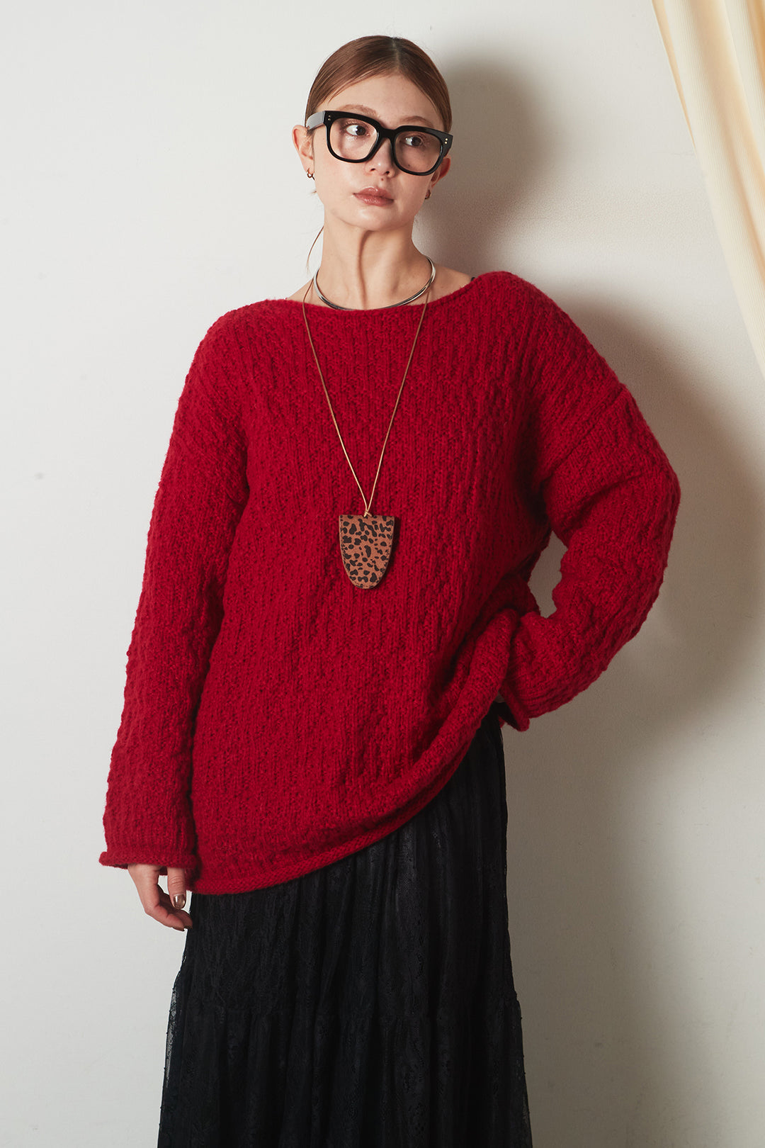 [SET]ボリューム編みニットプルオーバー+ひげレース切替ロング丈スカート(2set)