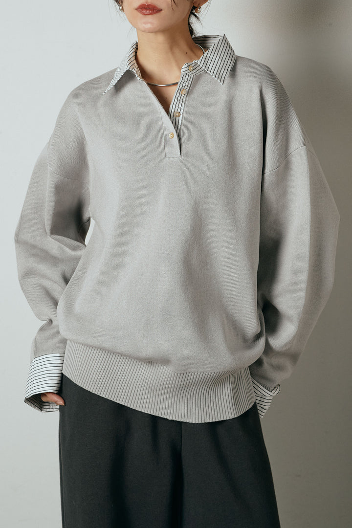 [SET]ストライプシャツドッキングポロトップス+裏起毛スウェットワイドパンツ(2set)