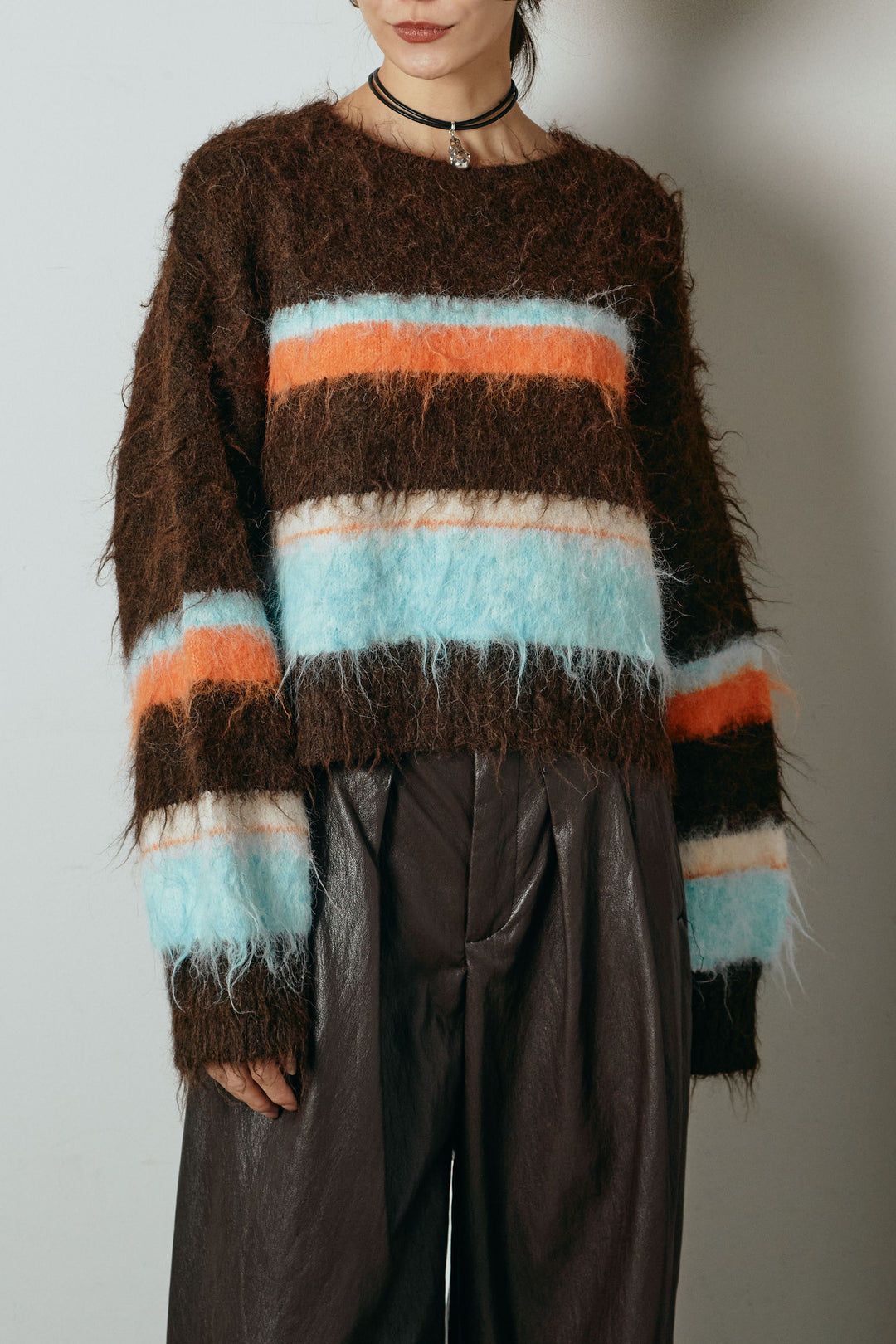 [SET]起毛配色マルチボーダーニットトップス+太ベルト付きヘリンボーンプリーツスカート(2set)