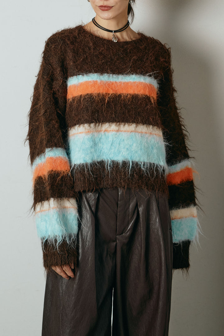 [SET]起毛配色マルチボーダーニットトップス+太ベルト付きヘリンボーンプリーツスカート(2set)