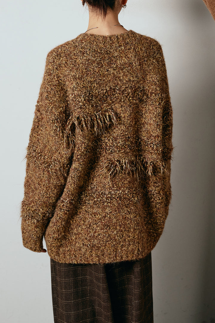 [SET]フリンジニットカーディガン+ウールライクチェックタックパンツ(2set)