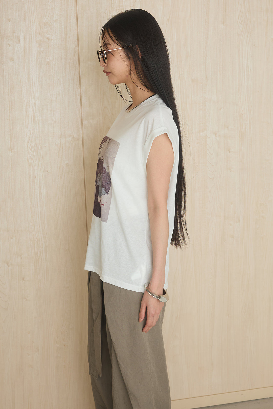[SET]スクエアニュアンス柄Tシャツ+前結びタックワイドパンツ(2set)