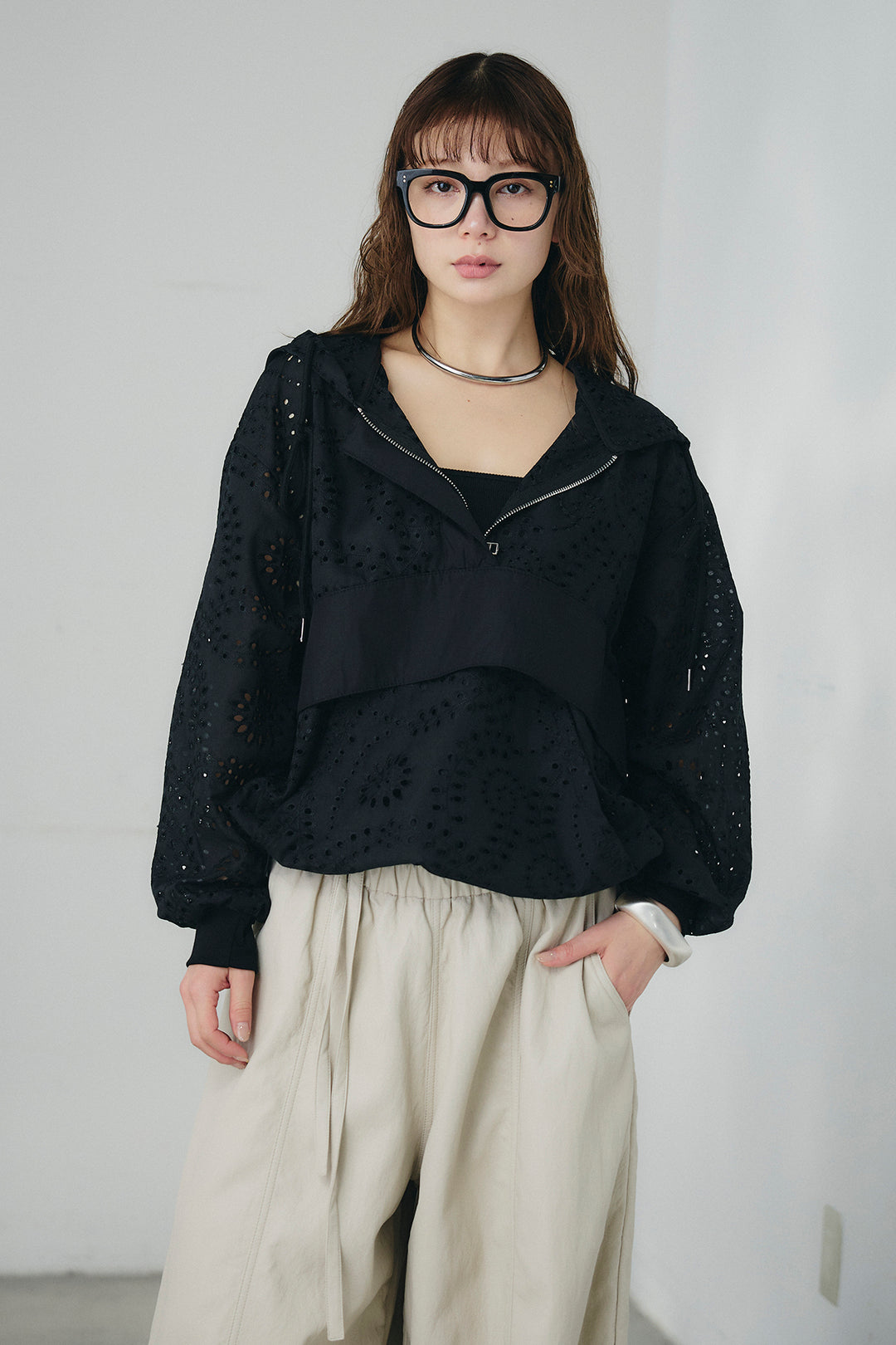 [SET]レースハーフジップアップフーディー+リネン混タックストレートワイドパンツ(2set)