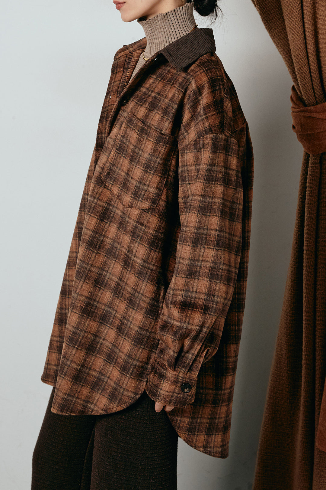 [SET]シャギーチェックシャツジャケット+ワイドリブニットイージーパンツ+リブニットシームレスタートルプルオーバー(3set)