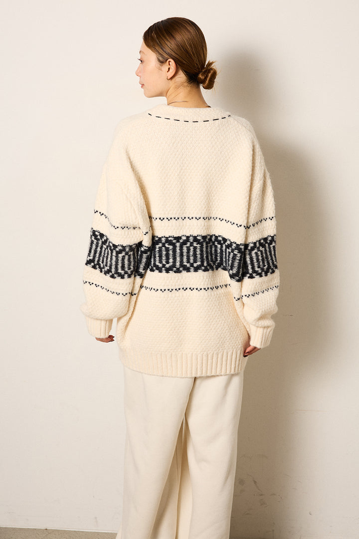 [SET]ライン柄ステッチニットカーディガン+2WAY袖コード刺繍クルーネックプルオーバー(2set)