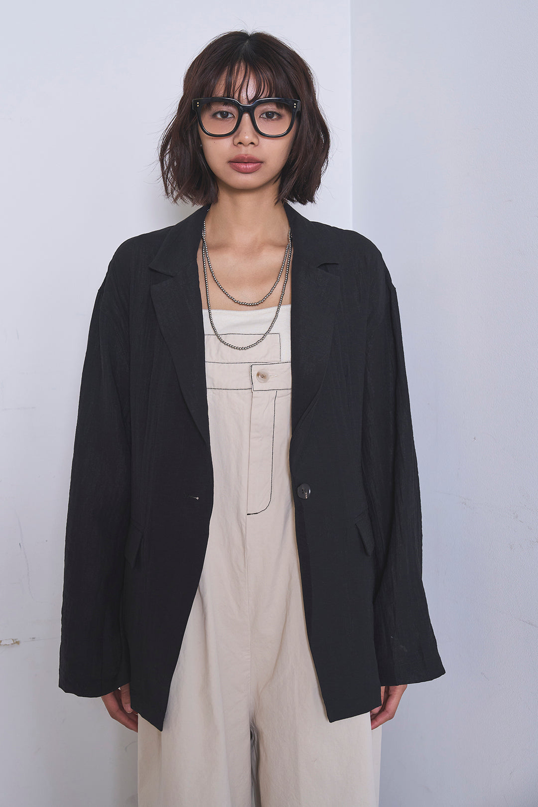 [SET]リネンブレンドテーラードシアージャケット+綿ツイルアシメサロペット(2set)