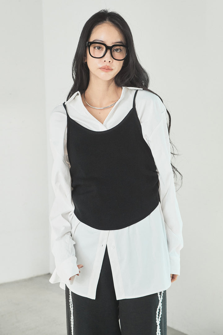 [SET]ニットキャミ付きシャツ+刺繡テープラインパンツ(2set)