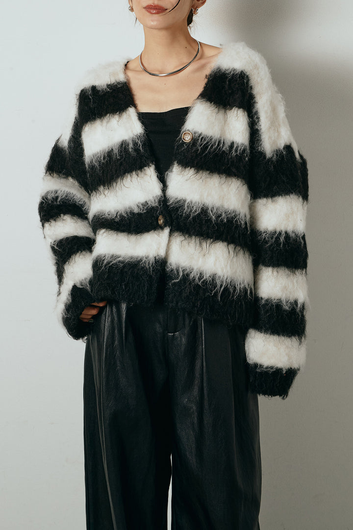 [SET]シャギーボーダー柄ニットカーディガン+ベルト付きレザーライクタックパンツ(2set)