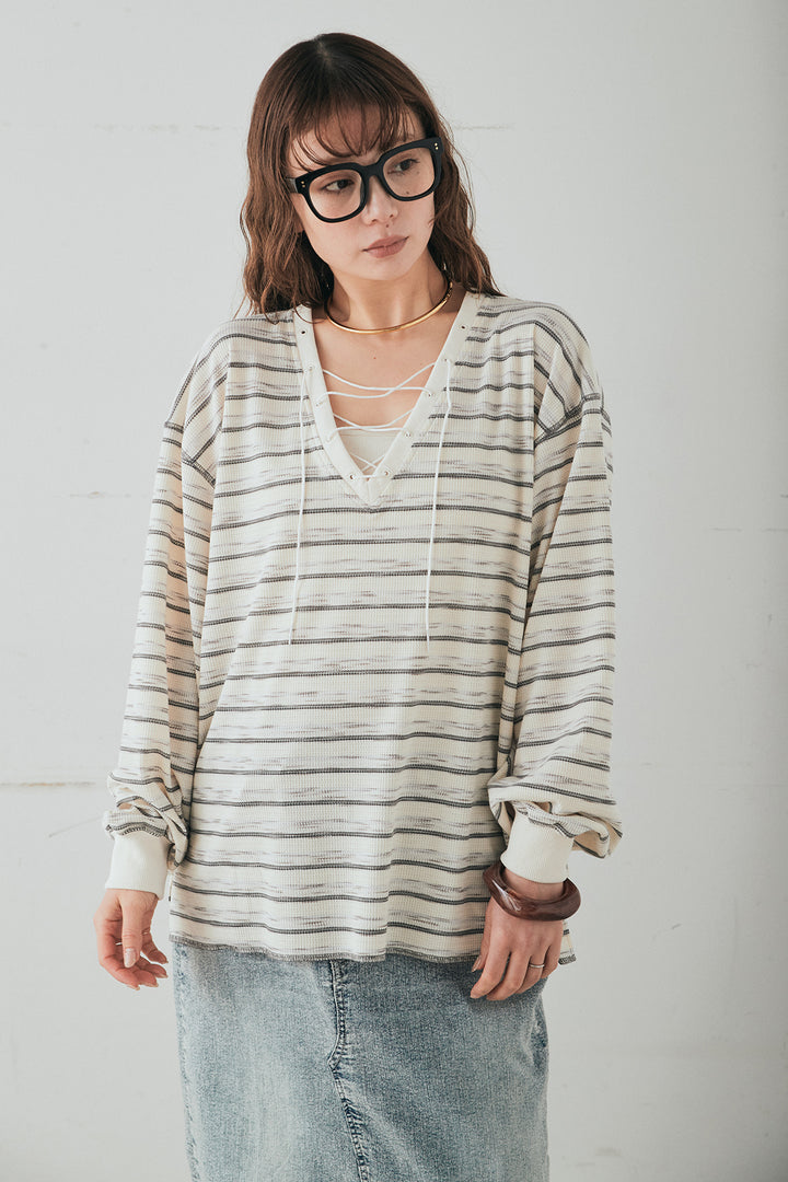 [SET]レースアップワッフルボーダートップス+ウエストクロスデニムタイトスカート(2set)