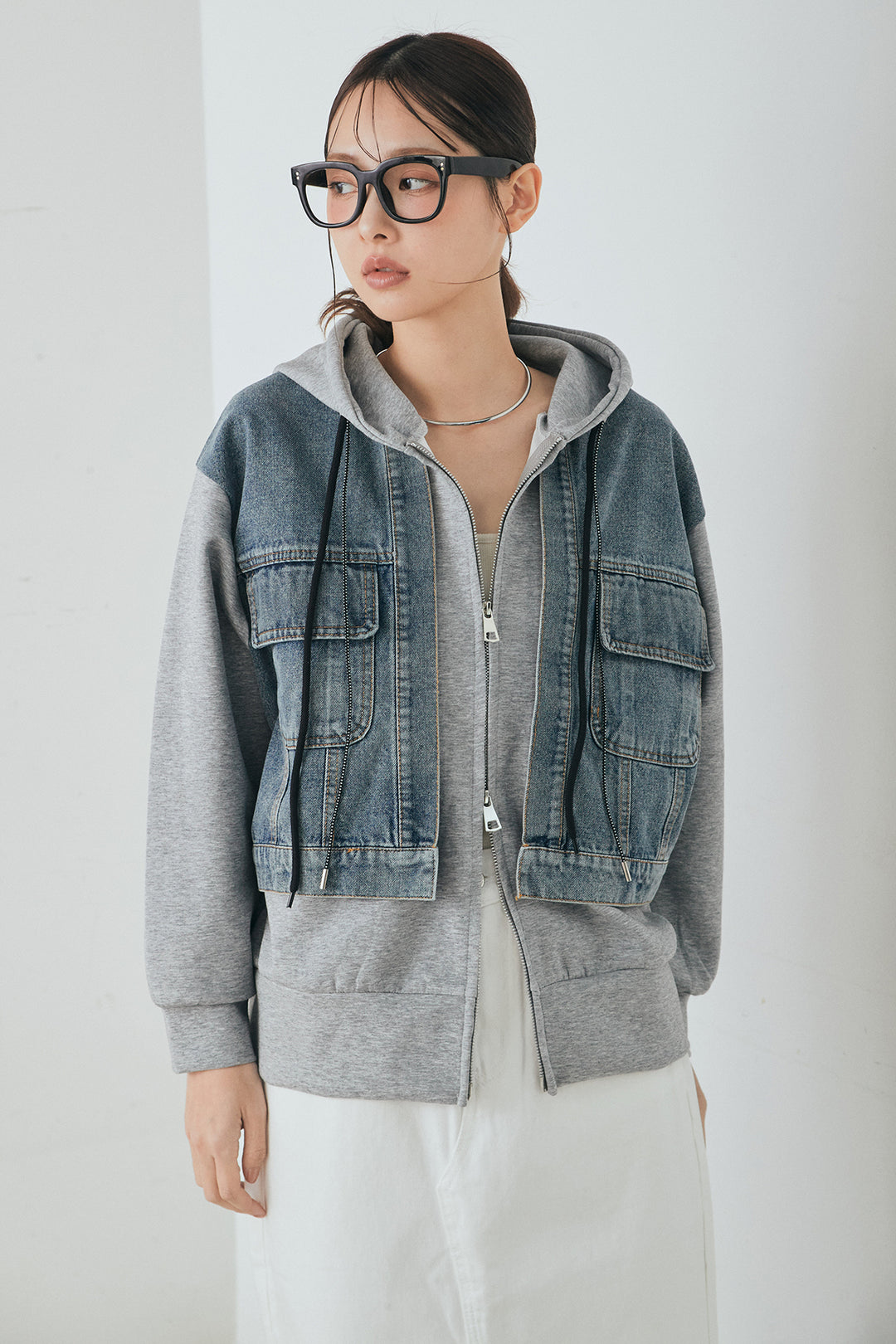 [SET]デニム切替ポンチダブルジップパーカー+リラックススウェットスカート(2set)