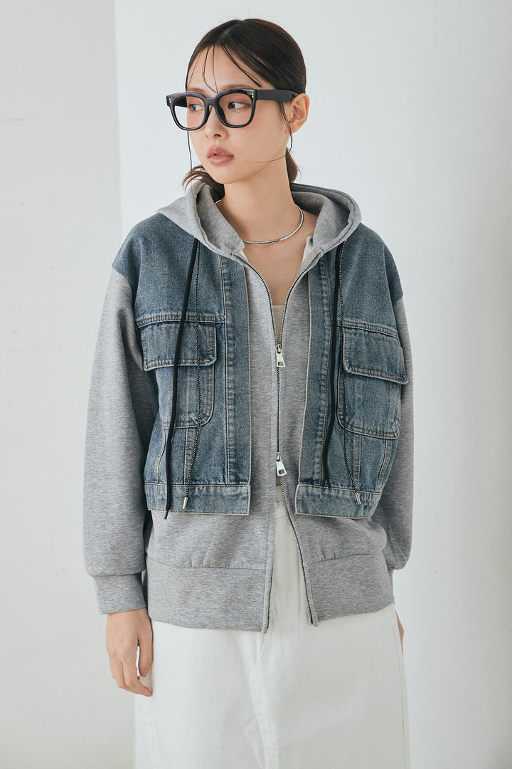 [SET]デニム切替ポンチダブルジップパーカー+リラックススウェットスカート(2set)