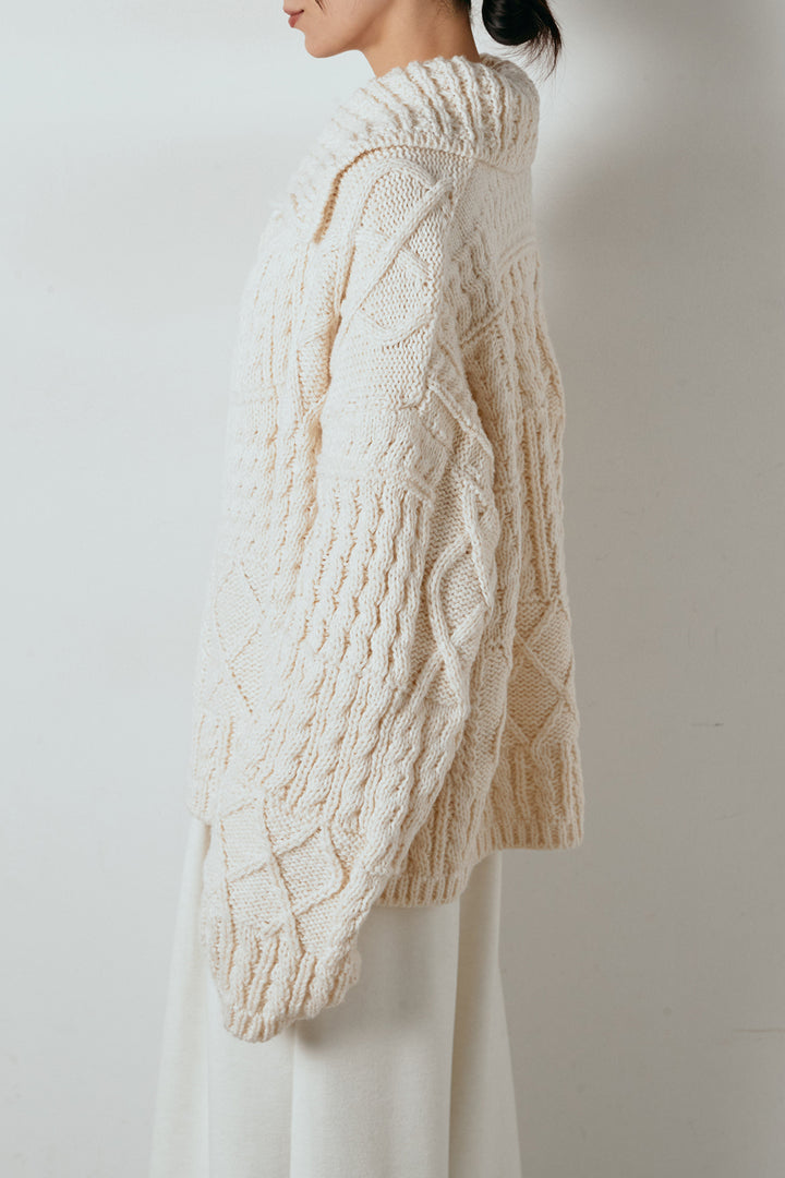 [SET]ビッグカラーケーブル編みニットトップス+2WAY袖コード刺繍クルーネックプルオーバー(2set)