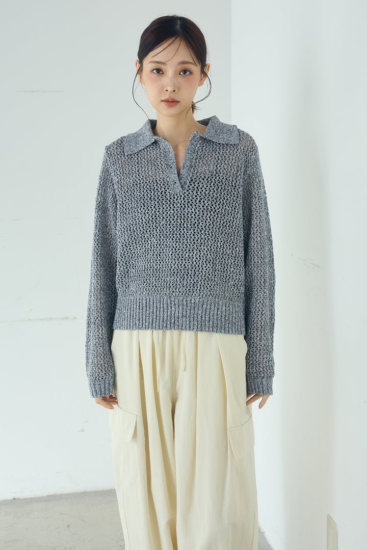 [SET]ミックスメッシュポロニット+麻混タックワイドパンツ(2set)