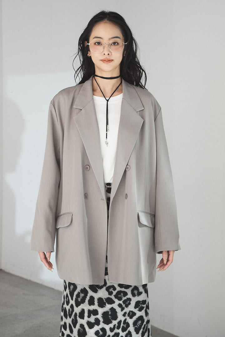 [SET]ルーズシルエットダブルテーラードジャケット+ストレッチロングTシャツ+レオパードサテンナロースカート(3set)