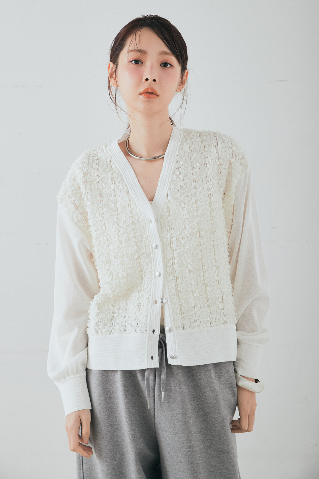 [SET]モコレースVネックカーディガン+カットダンボールウエストフリルカーブパンツ(2set)