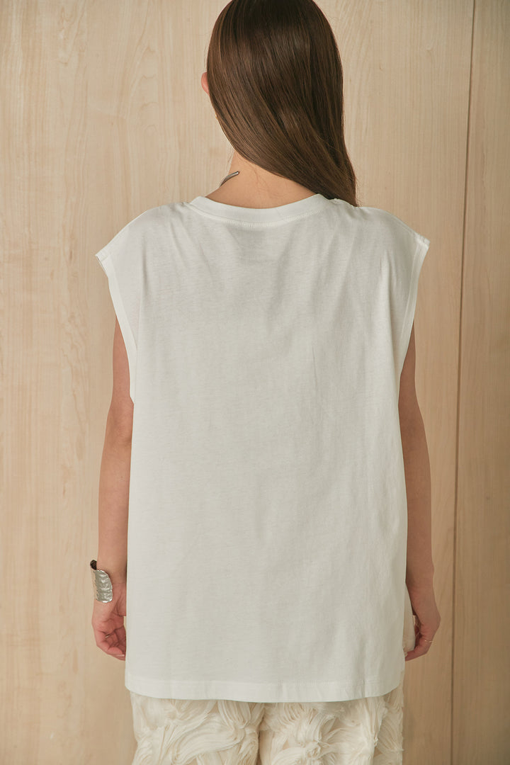 [SET]箔ロゴプリントノースリーブTシャツ+立体レースストレートパンツ(2set)