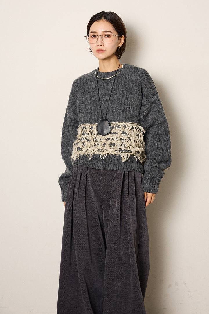 [SET]ループ編み切り替えニットプルオーバー+ベルトループコーデュロイワイドパンツ(2set)