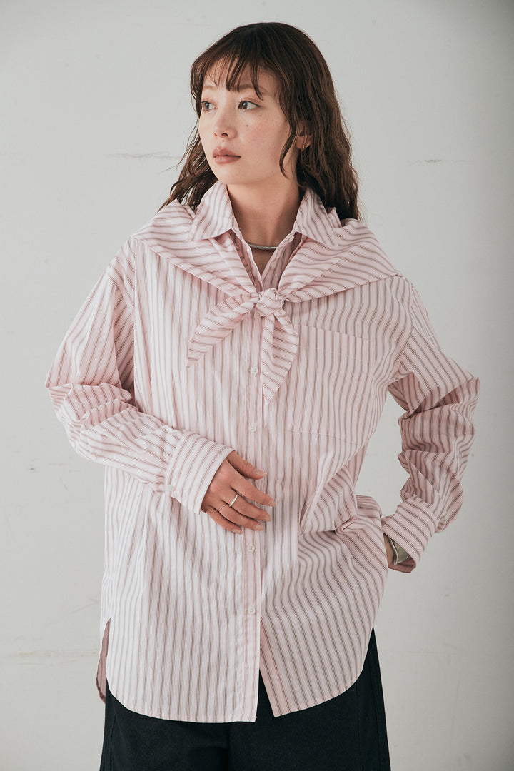 [SET]ランダムストライプスカーフ付きシャツ+デニムサイドフリルパンツ(2set)