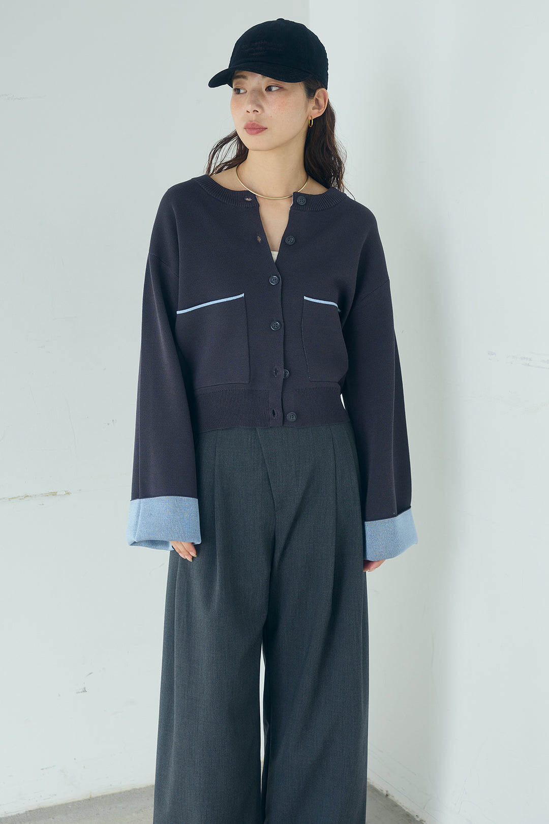 [SET]レーヨンポリダブルフェイスカーディガン+サイドベルトタック入りスラックス(2set)