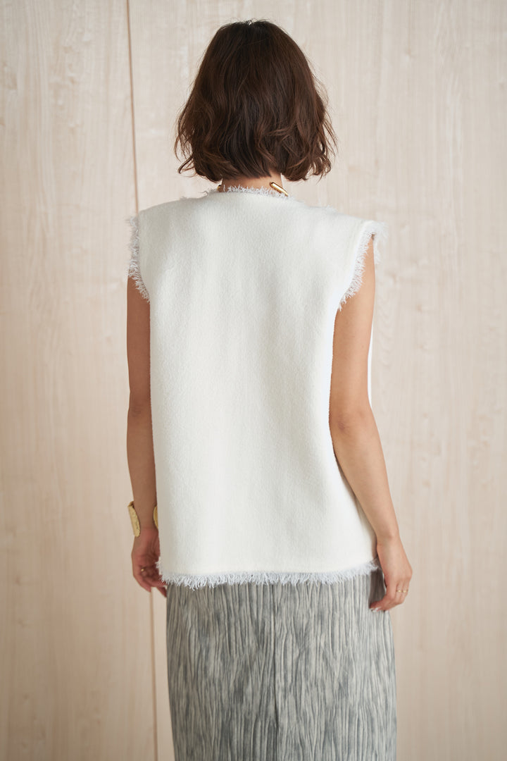 [SET]ノースリーブフリンジミラノリブニットベスト+ニュアンスかすれ柄スカート(2set)