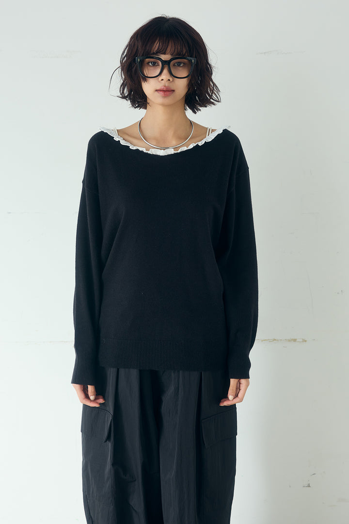 [SET]クールクール異素材コンビオフショルプルオーバー+ランダムタックデザインワイドパンツ(2set)