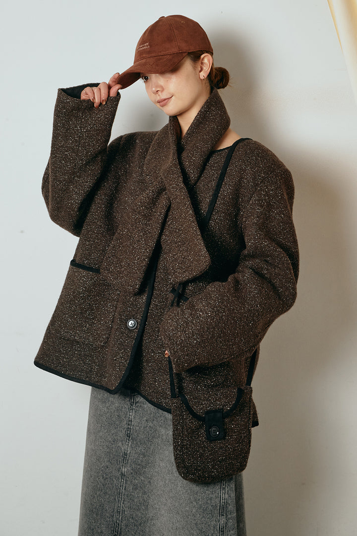 ノーカラーマフラーバッグ付きアウター