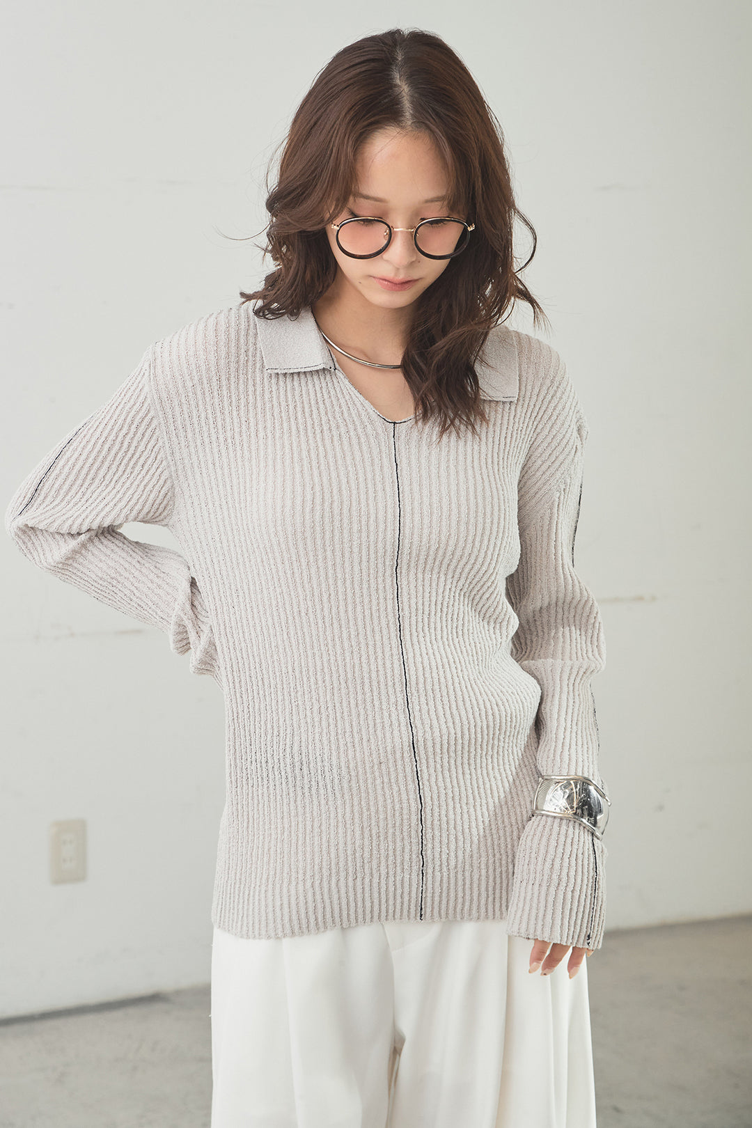 [SET]衿付きニットプルオーバー+ベルト付きツータックワイドパンツ(2set)