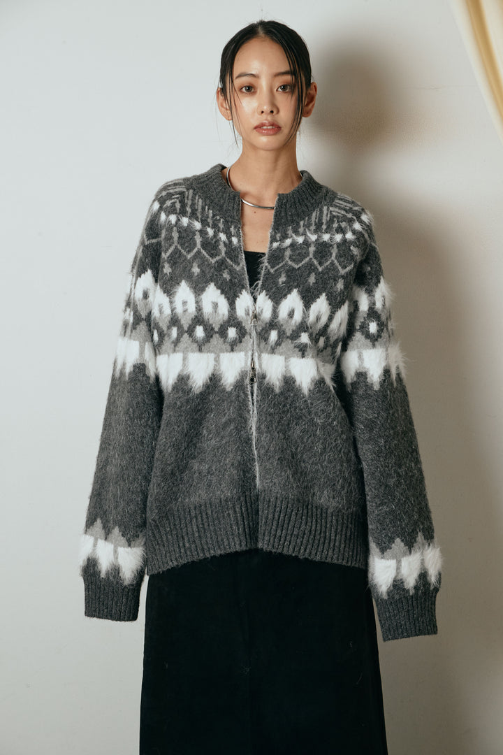 [SET]起毛ダブルジップパターンニットカーディガン+ベルト付きレザーライクタックパンツ(2set)