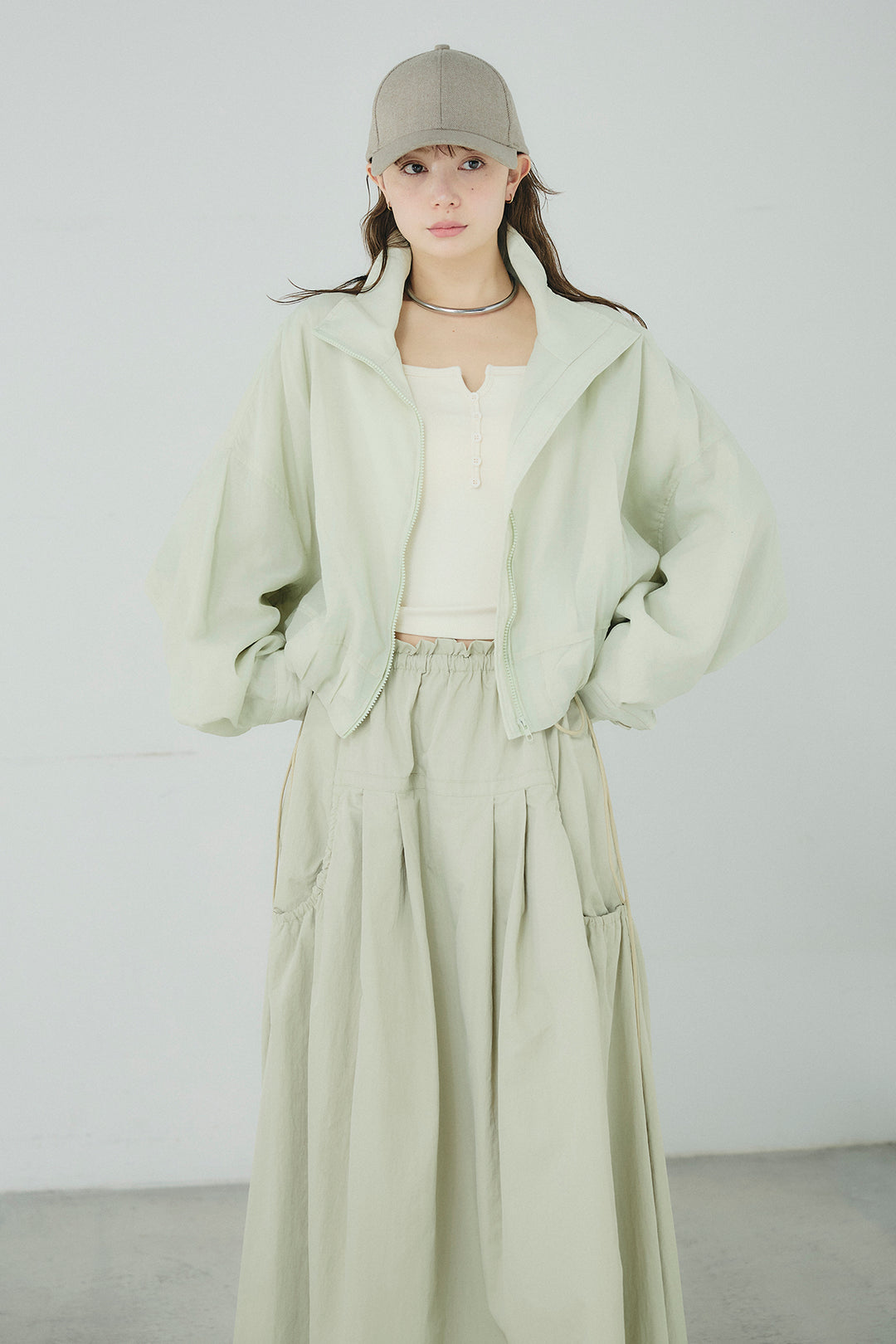 [SET]スタンドネックシアーブルゾン+ナイロンデザインフレアスカート(2set)