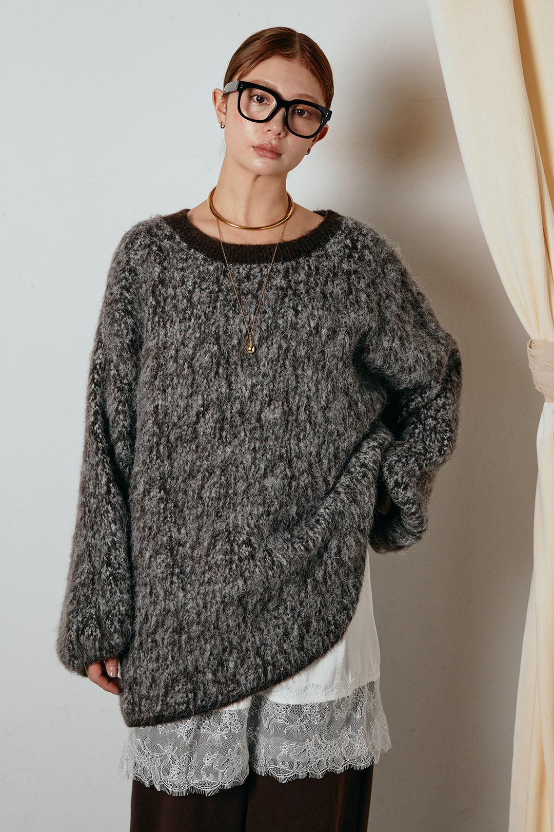 [SET]ボリュームスリーブミックスニットトップス+スウェードライク裾フリンジスカート(2set)