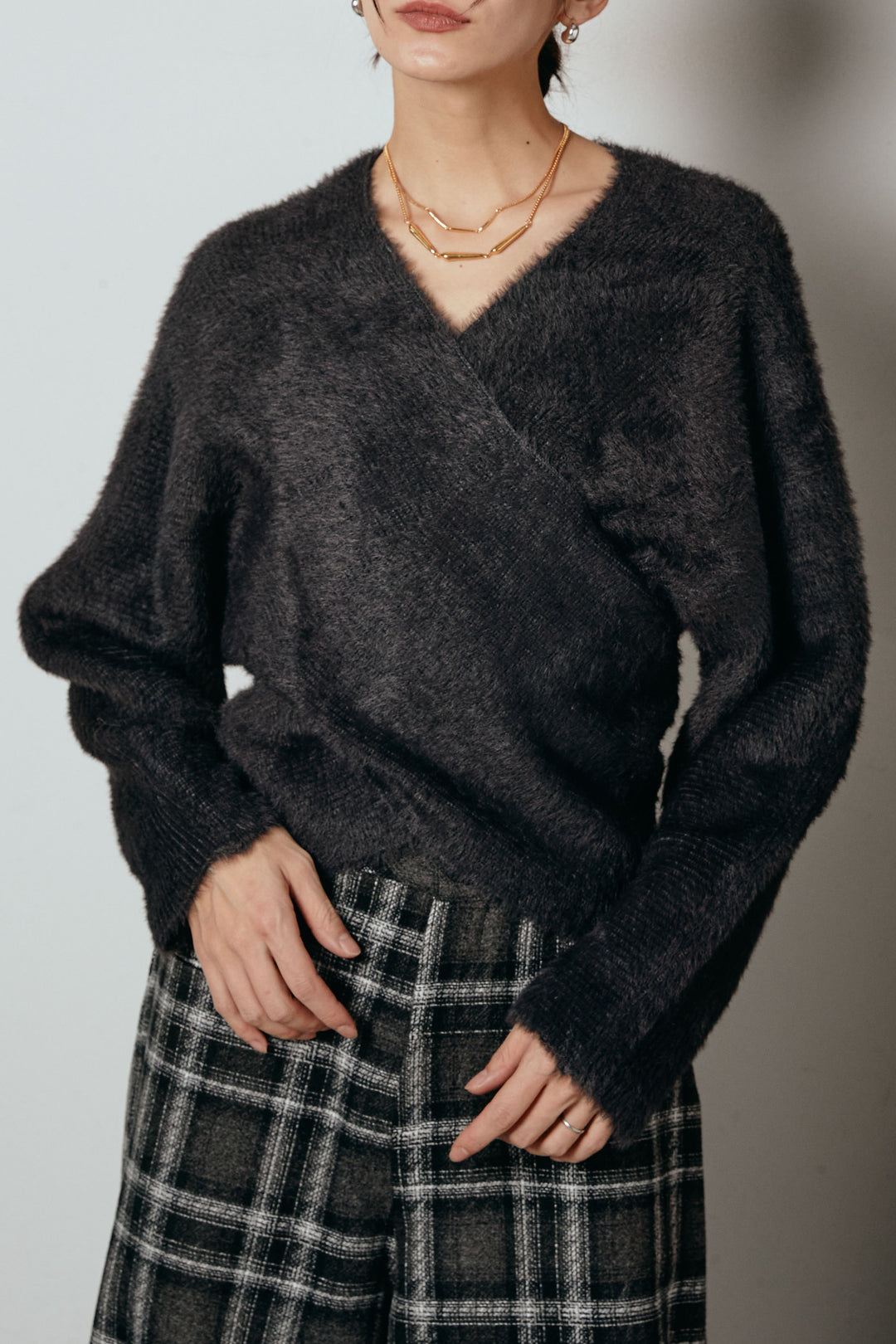 [SET]シャギーカシュクールニットトップス+ルーズタータンチェックワイドパンツ(2set)