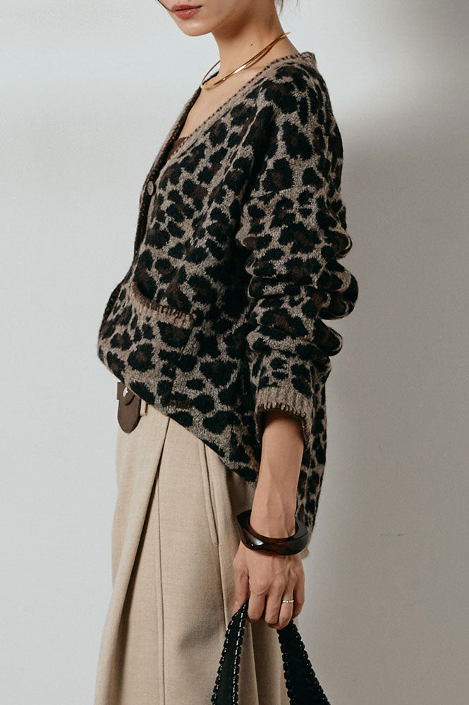 [SET]ステッチデザインレオパードニットカーディガン+リブニットフレアスカート(2set)