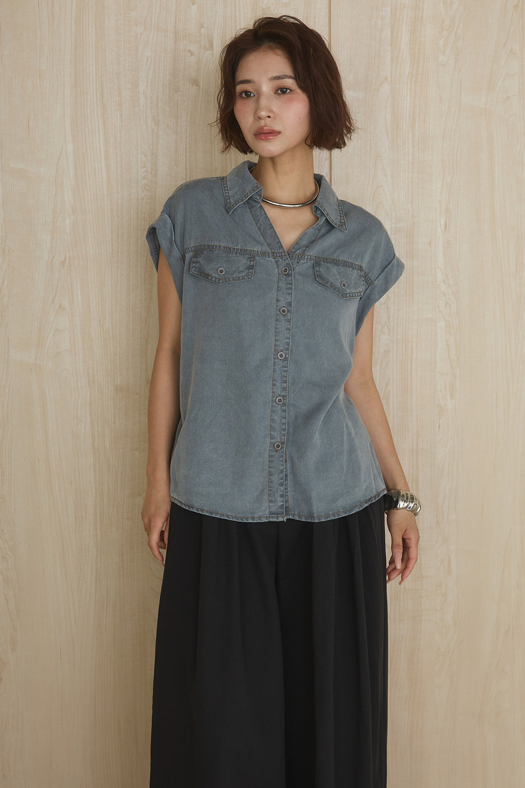 [SET]リヨセルデニムノースリシャツ+センタースリットデニムジャンスカ(2set)