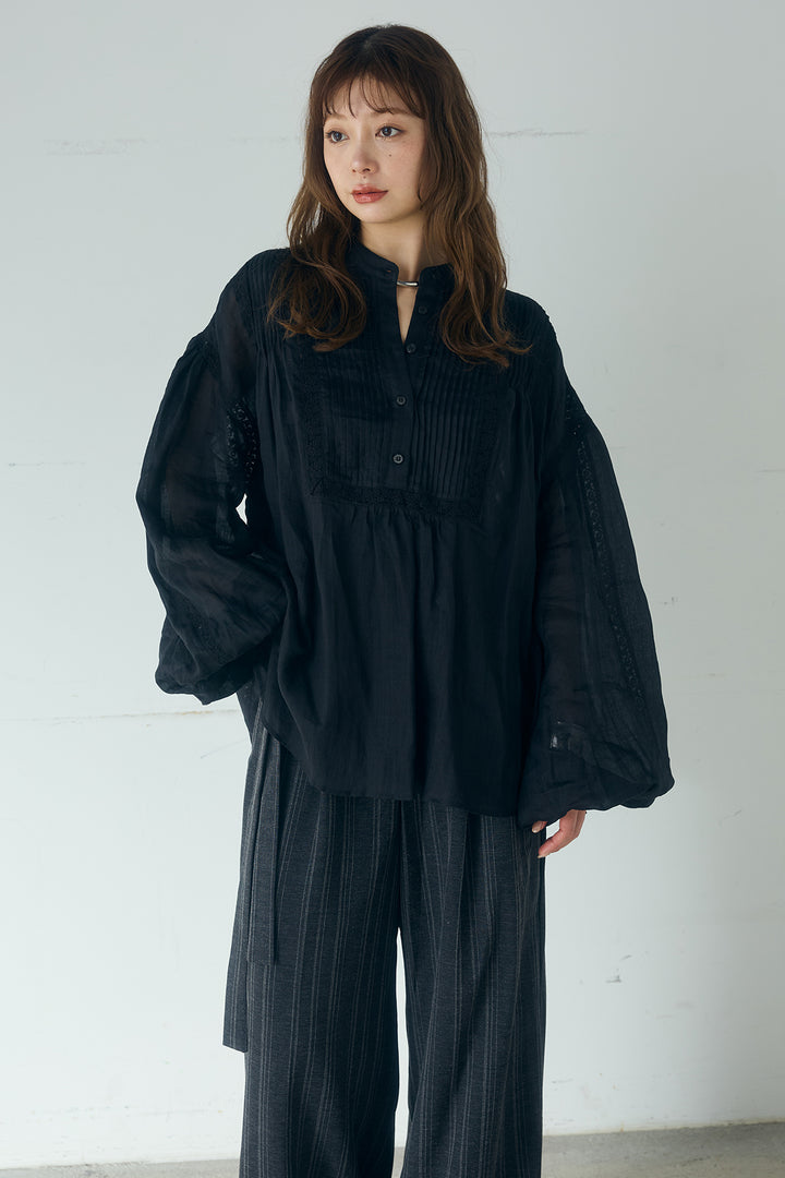 [SET]レース刺繍ラインバンドカラーシャツ+リネン混サイドベルトパンツ(2set)