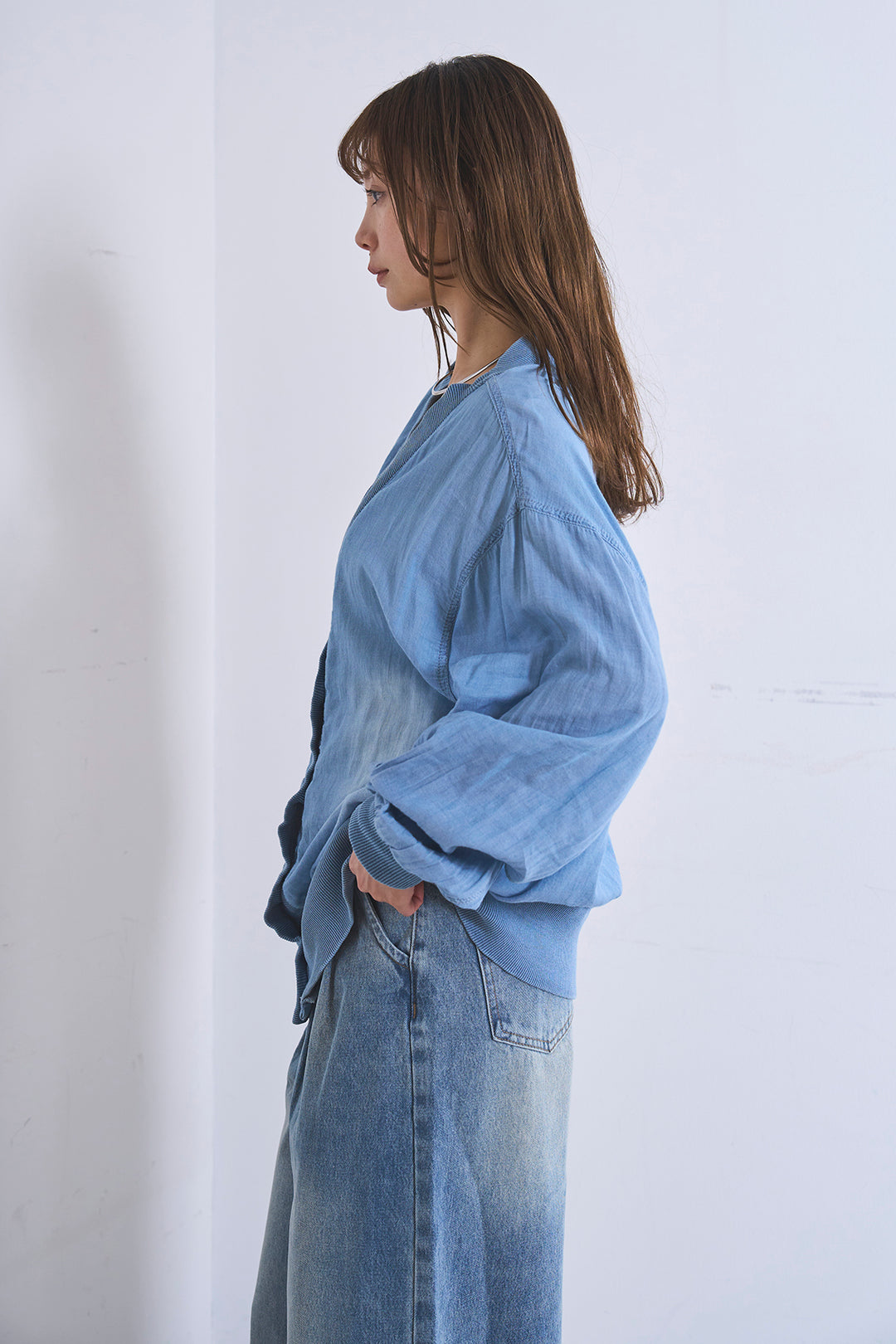 [SET]シアーデニムカーディガン+ベルトループワイドタックデニムパンツ(2set)