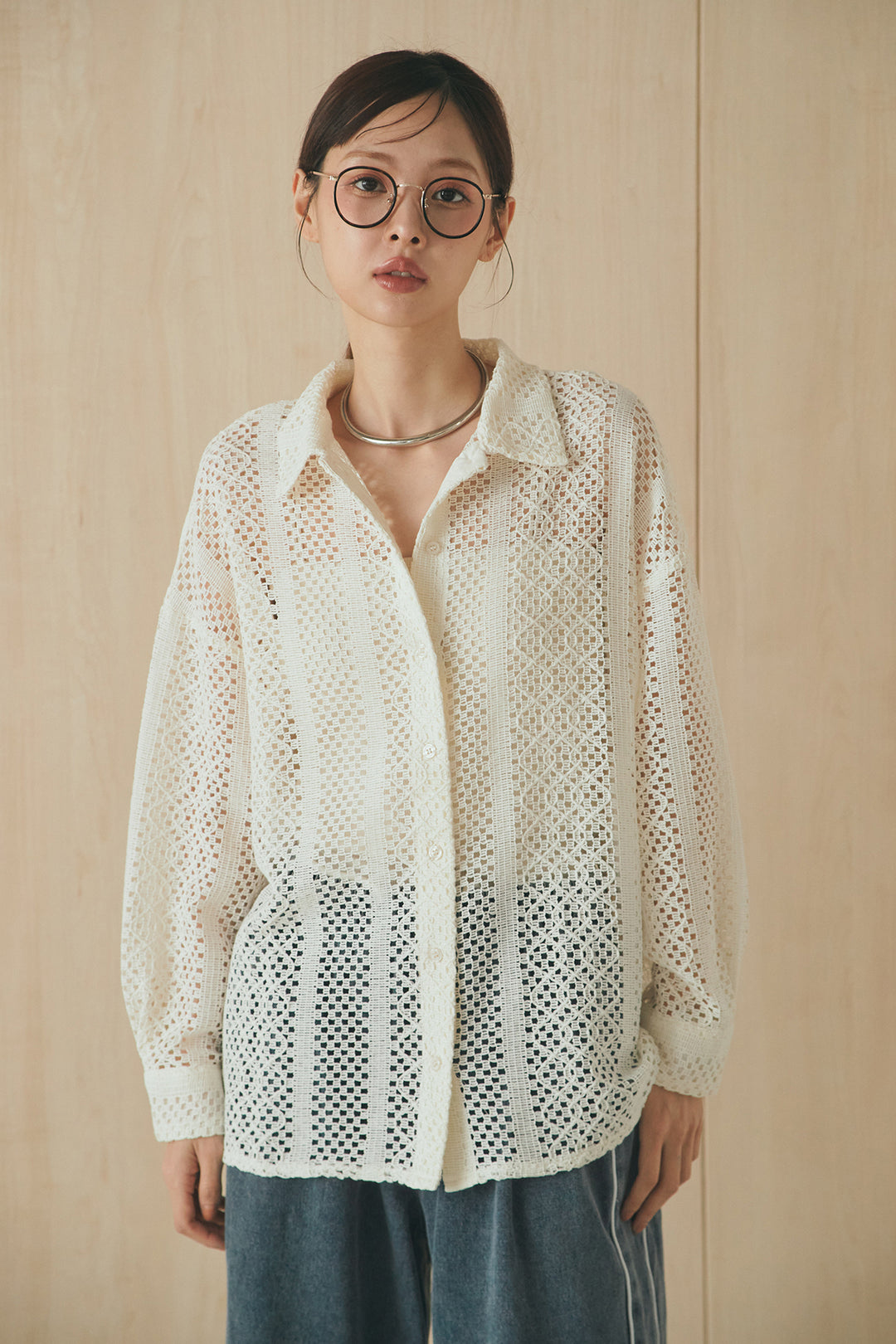 [SET]長袖襟付きレースシャツ+ドロストサイドラインデニムパンツ(2set)