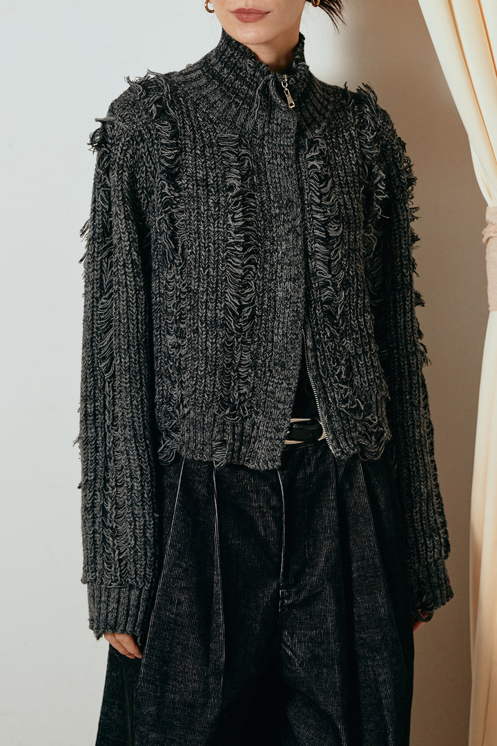 [SET]ハイネックフリンジジップニットトップス+ウエストステッチデザインワイドスラックス(2set)