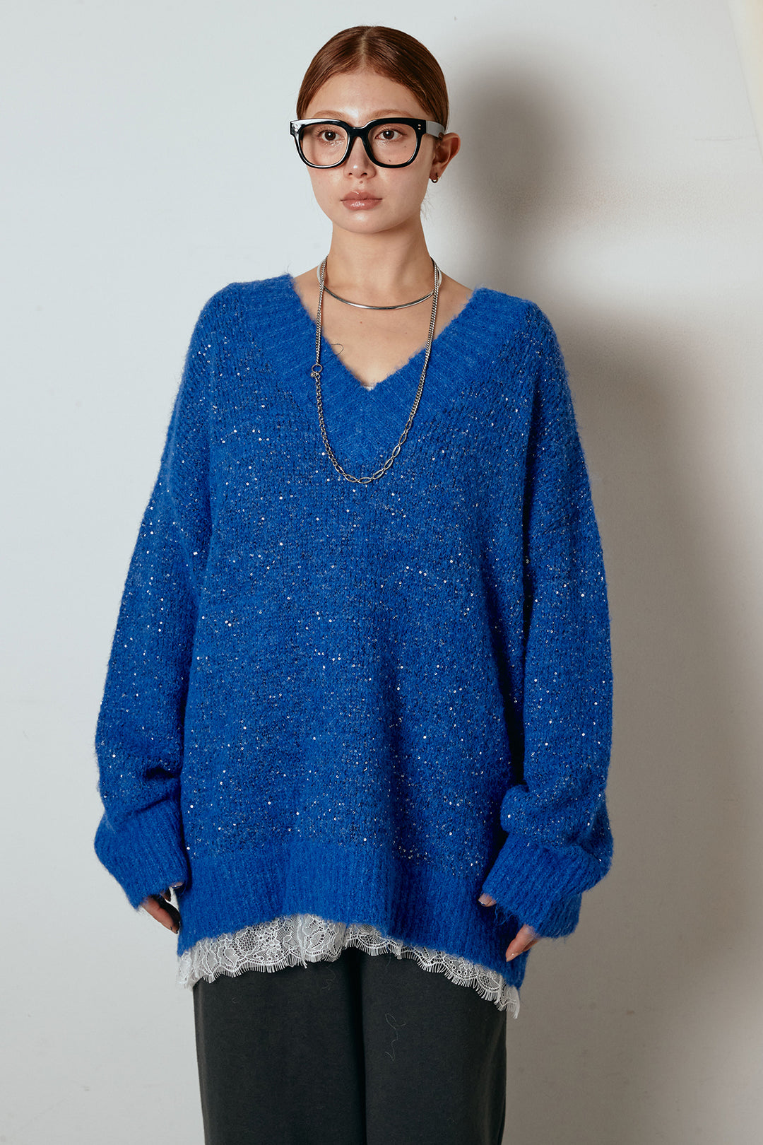 [SET]Vネックルーズラメニットトップス+裏起毛スウェットワイドパンツ(2set)