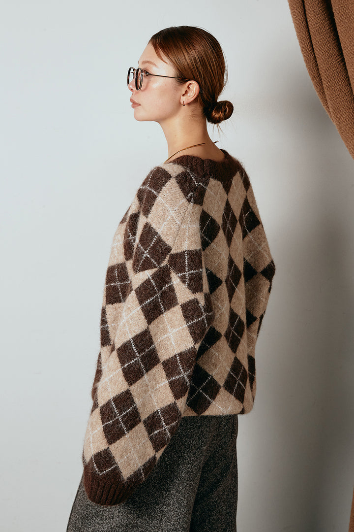 [SET]オーバーサイズ総柄Vネックニットカーディガン+杢ニットフレアパンツ(2set)