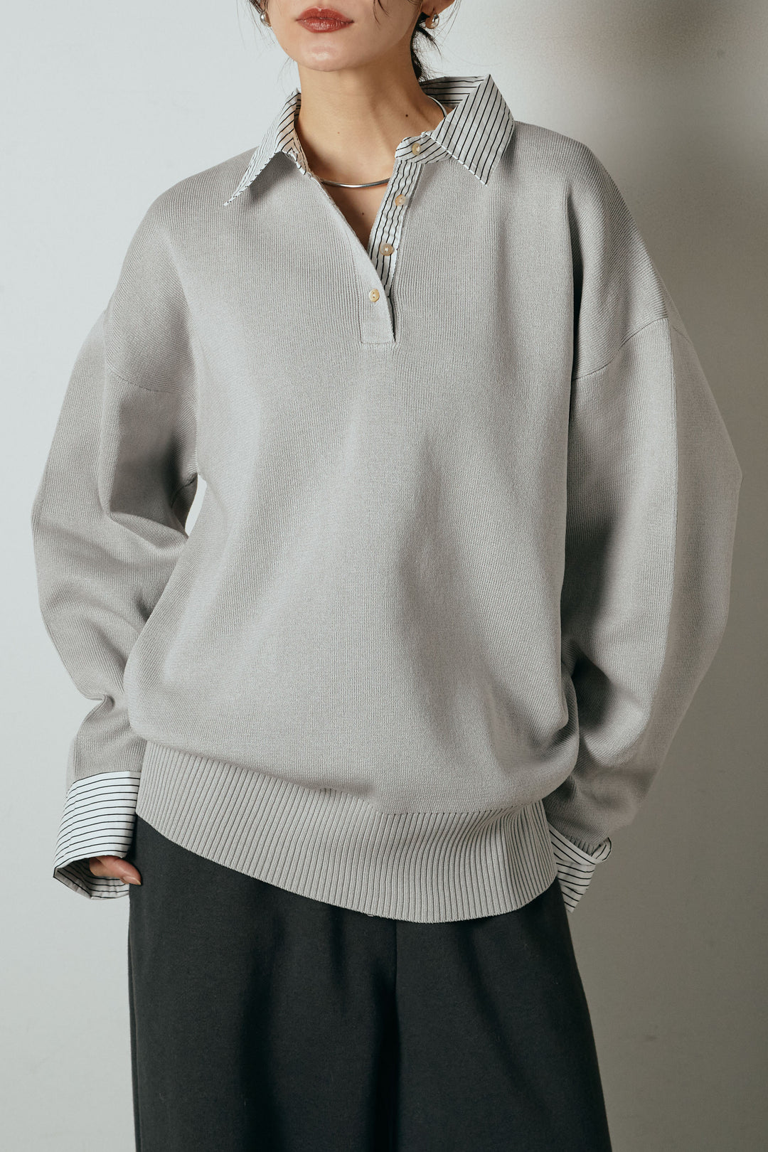 【即納】ストライプシャツドッキングポロトップス