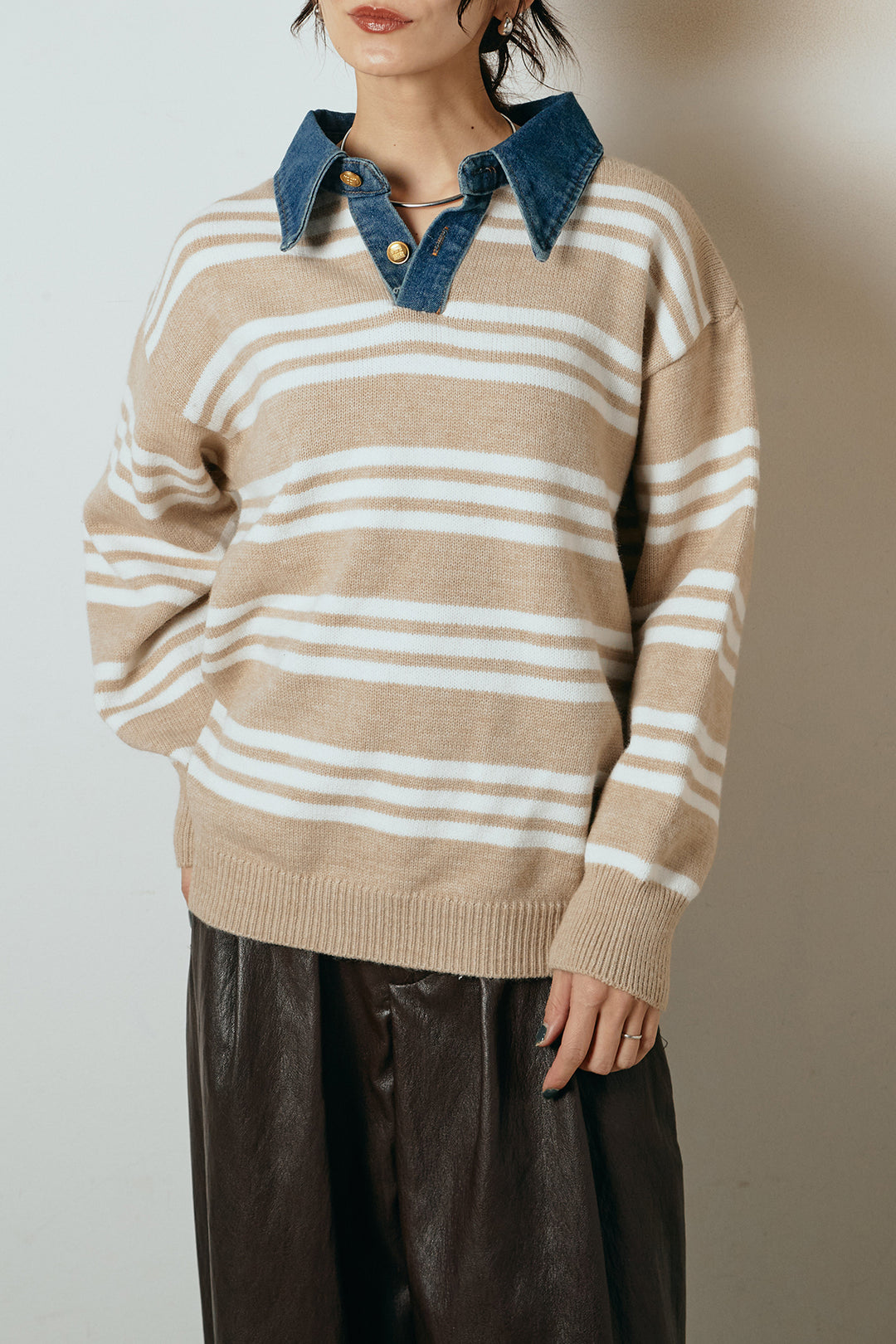 デニムレイヤード風ランダムボーダーニットプルオーバー