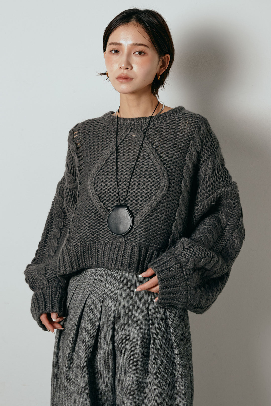 [SET]ロービングケーブルショート丈プルオーバー+サイドボタンツイードタックパンツ(2set)